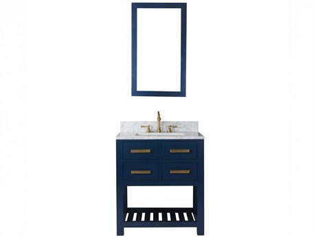 Water Creation Madalyn Single Sink Carrara White Marble Countertop Bath Vanity in Monarch Blue with Satin Gold Hook Faucet and Rectangular Mirror (S)