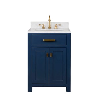 Water Creation Madison Single Sink Carrara White Marble Countertop Bath Vanity In Monarch Blue with Satin Gold Hardware and Waterfall Faucet