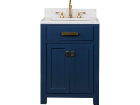 Water Creation Madison Single Sink Carrara White Marble Countertop Bath Vanity In Monarch Blue with Satin Gold Hardware and Hook Faucet
