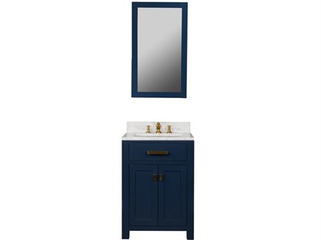 Water Creation Madison Single Sink Carrara White Marble Countertop Bath Vanity In Monarch Blue with Satin Gold Hardware, Waterfall Faucet and Rectangular Mirror (S)