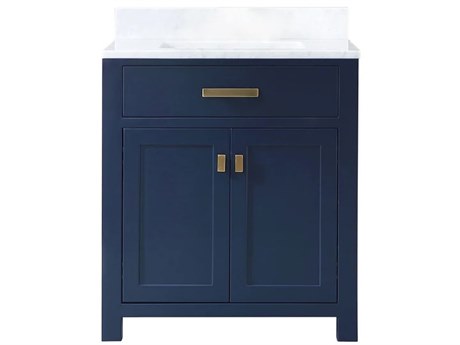 Water Creation Madison Single Sink Carrara White Marble Countertop Bath Vanity In Monarch Blue with Satin Gold Hardware