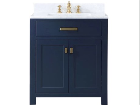 Water Creation Madison Satin Single Sink Carrara White Marble Countertop Bath Vanity In Monarch Blue with Satin Gold Hardware and Waterfall Faucet