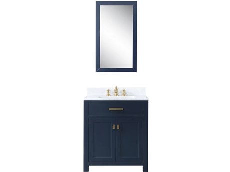 Water Creation Madison Single Sink Carrara White Marble Countertop Bath Vanity In Monarch Blue with Satin Gold Hardware, Waterfall Faucet and Rectangular Mirror (S)