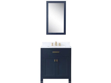 Water Creation Madison  Single Sink Carrara White Marble Countertop Bath Vanity In Monarch Blue with Satin Gold Hardware, Hook Faucet and Rectangular Mirror (S)