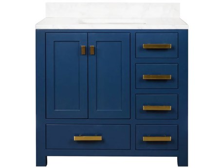 Water Creation Madison Single Sink Carrara White Marble Countertop Bath Vanity In Monarch Blue with Satin Gold Hardware