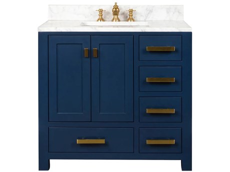 Water Creation Madison Single Sink Carrara White Marble Countertop Bath Vanity In Monarch Blue with Satin Gold Hardware and Waterfall Faucet