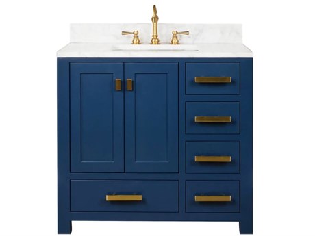 Water Creation Madison Single Sink Carrara White Marble Countertop Bath Vanity In Monarch Blue with Satin Gold Hardware and Hook Faucet