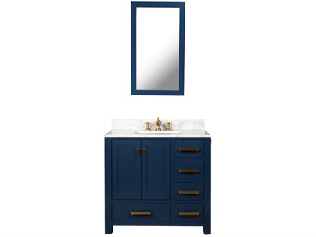 Water Creation Madison Single Sink Carrara White Marble Countertop Bath Vanity In Monarch Blue with Satin Gold Hardware, Waterfall Faucet and Rectangular Mirror (S)