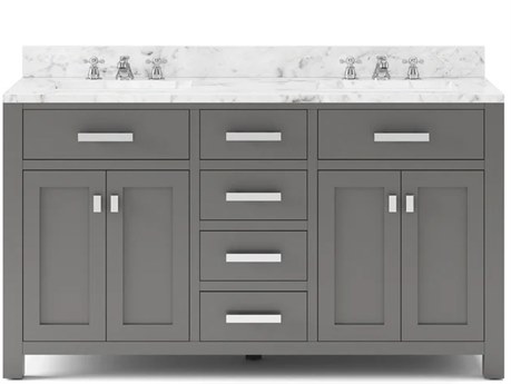 Water Creation Madison Double Sink Carrara White Marble Countertop Bath Vanity in Cashmere Grey with Chrome Hardware and Classic Faucets