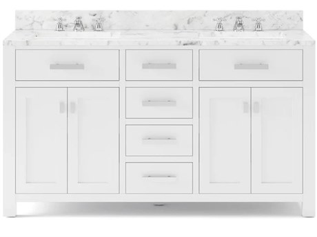 Water Creation Madison Double Sink Carrara White Marble Countertop Bath Vanity in Pure White with Chrome Hardware and Classic Faucets