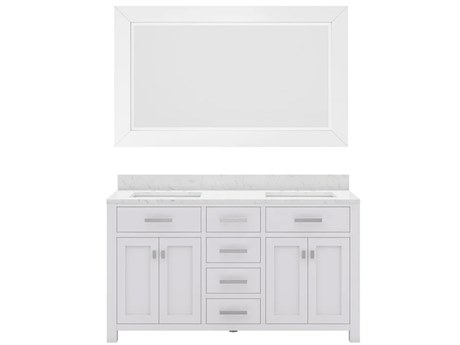 Water Creation Madison Double Sink Carrara White Marble Countertop Bath Vanity in Pure White with Rectangular Mirror (L)