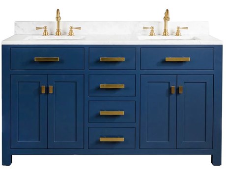 Water Creation Madison Double Sink Carrara White Marble Countertop Bath Vanity In Monarch Blue with Satin Gold Hardware and Hook Faucets