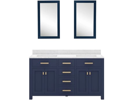 Water Creation Madison Double Sink Carrara White Marble Countertop Bath Vanity In Monarch Blue with Satin Gold Hardware and Rectangular Mirrors (S)