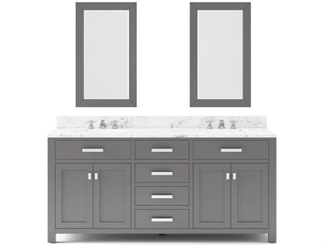 Water Creation Madison Double Sink Carrara White Marble Countertop Bath Vanity in Cashmere Grey with Chrome Hardware, Classic Faucets and Rectangular Mirrors (S)