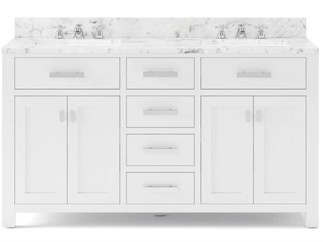 Water Creation Madison Double Sink Carrara White Marble Countertop Bath Vanity in Pure White with Chrome Hardware and Classic Faucets