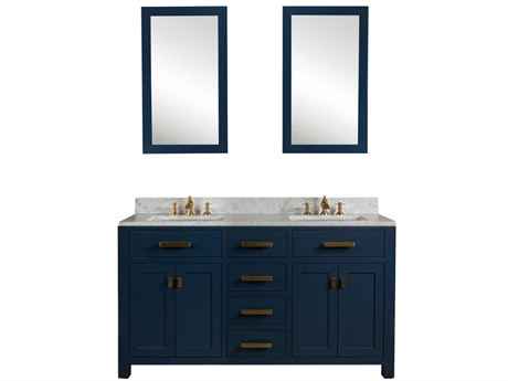 Water Creation Madison Double Sink Carrara White Marble Countertop Bath Vanity In Monarch Blue with Satin Gold Hardware, Waterfall Faucets and Rectangular Mirrors (S)