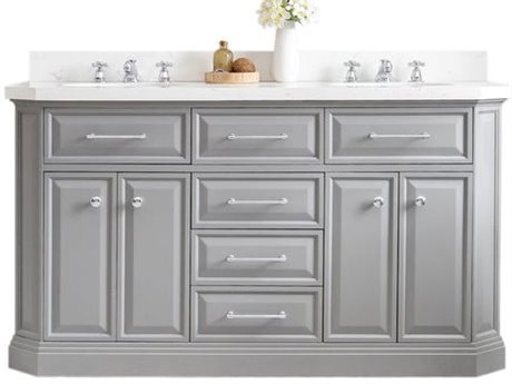 Water Creation Palace Double Sink Carrara Quartz Countertop Bath Vanity in Cashmere Grey with Chrome Hardware