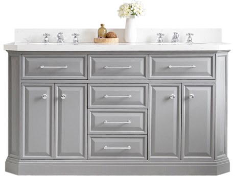 Water Creation Palace Double Sink Carrara Quartz Countertop Bath Vanity in Cashmere Grey with Chrome Hardware and Classic Faucets