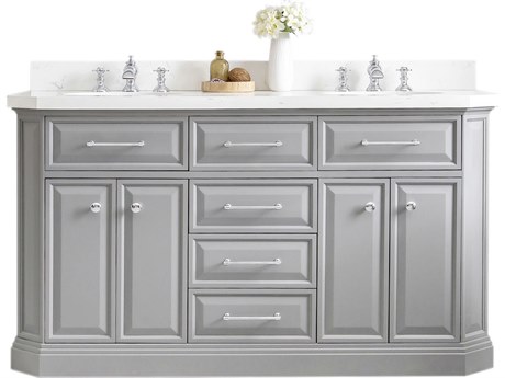 Water Creation Palace Double Sink Carrara Quartz Countertop Bath Vanity in Cashmere Grey with Chrome Hardware and Waterfall Faucets