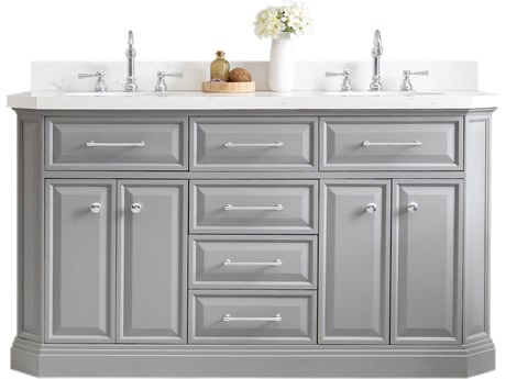 Water Creation Palace Double Sink Carrara Quartz Countertop Bath Vanity in Cashmere Grey with Chrome Hardware and Hook Faucets