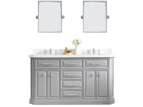 Water Creation Palace Double Sink Carrara Quartz Countertop Bath Vanity in Cashmere Grey with Chrome Hardware, Waterfall Faucets and Rectangular Pivot Mirrors