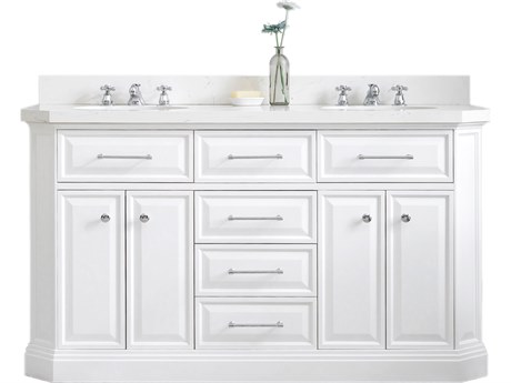 Water Creation Palace Double Sink Carrara Quartz Countertop Bath Vanity in Pure White with Chrome Hardware