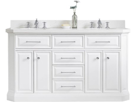 Water Creation Palace Double Sink Carrara Quartz Countertop Bath Vanity in Pure White with Chrome Hardware and Waterfall Faucets