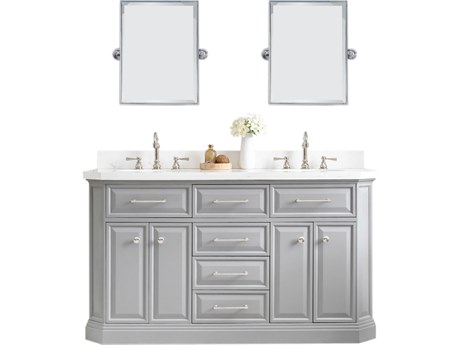 Water Creation Palace Double Sink Carrara Quartz Countertop Bath Vanity in Cashmere Grey with Polished Nickel (PVD) Hardware and Rectangular Pivot Mirrors