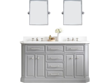 Water Creation Palace Double Sink Carrara Quartz Countertop Bath Vanity in Cashmere Grey with Polished Nickel (PVD) Hardware, Classic Faucets and Rectangular Pivot Mirrors