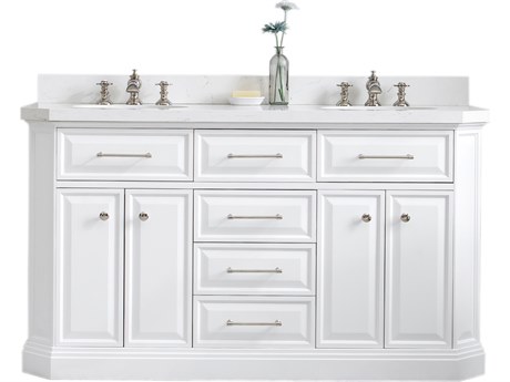 Water Creation Palace Double Sink Carrara Quartz Countertop Bath Vanity in Pure White with Polished Nickel (PVD) Hardware and Waterfall Faucet