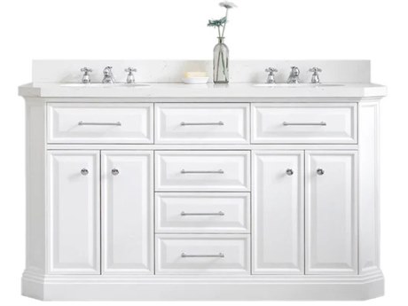 Water Creation Palace Double Sink Carrara Quartz Countertop Bath Vanity in Pure White with Polished Nickel (PVD) Hardware and Hook Faucet