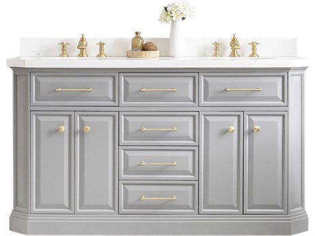 Water Creation Palace Double Sink Carrara Quartz Countertop Bath Vanity in Cashmere Grey with Satin Gold Hardware