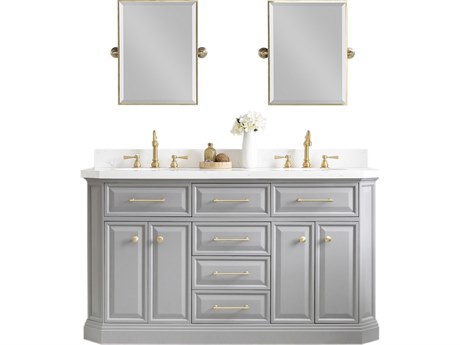 Water Creation Palace Double Sink Carrara Quartz Countertop Bath Vanity in Cashmere Grey with Satin Gold Hardware and Rectangular Pivot Mirrors