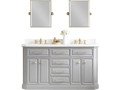 Water Creation Palace Double Sink Carrara Quartz Countertop Bath Vanity in Cashmere Grey with Satin Gold Hardware, Waterfall Faucets and Rectangular Pivot Mirrors