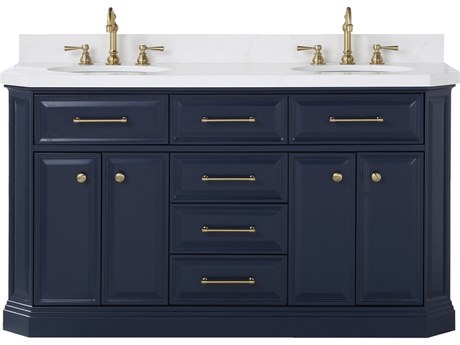 Water Creation Palace Double Sink Carrara Quartz Countertop Bath Vanity in Monarch Blue with Satin Gold Hardware and Hook Faucets