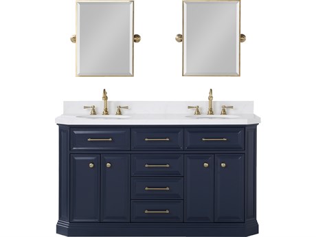 Water Creation Palace Double Sink Carrara Quartz Countertop Bath Vanity in Monarch Blue with Satin Gold Hardware and Rectangular Pivot Mirrors