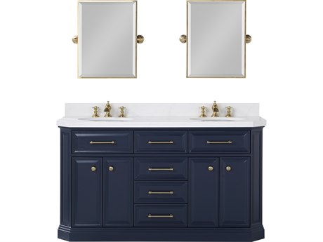 Water Creation Palace Double Sink Carrara Quartz Countertop Bath Vanity in Monarch Blue with Satin Gold Hardware, Waterfall Faucets and Rectangular Pivot Mirrors