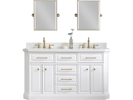 Water Creation Palace Double Sink Carrara Quartz Countertop Bath Vanity in Pure White with Satin Gold Hardware, Hook Faucets and Rectangular Pivot Mirrors