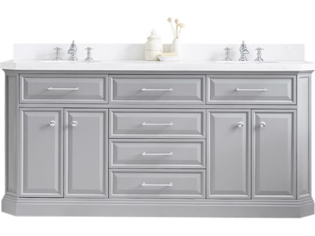 Water Creation Palace Double Sink Carrara Quartz Countertop Bath Vanity in Cashmere Grey with Chrome Hardware and Waterfall Faucets