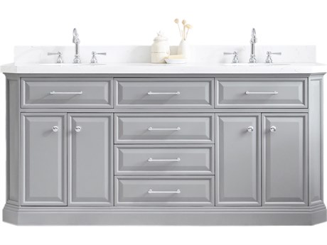 Water Creation Palace VaDouble Sink Carrara Quartz Countertop Bath Vanity in Cashmere Grey with Chrome Hardware and Hook Faucetsnity