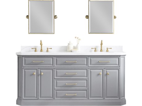 Water Creation Palace Double Sink Carrara Quartz Countertop Bath Vanity in Cashmere Grey with Satin Gold Hardware and Rectangular Pivot Mirrors