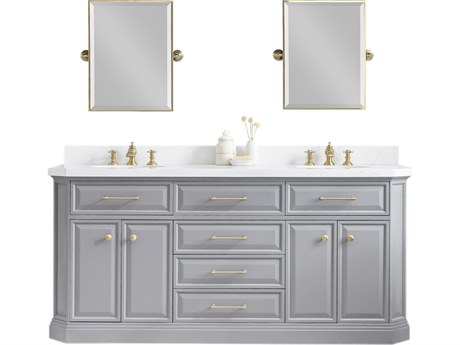 Water Creation Palace Double Sink Carrara Quartz Countertop Bath Vanity in Cashmere Grey with Satin Gold Hardware, Waterfall Faucets and Rectangular Pivot Mirrors