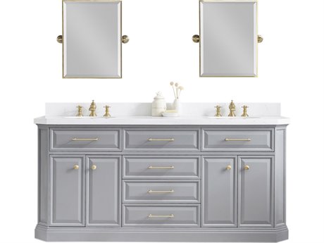 Water Creation Palace Double Sink Carrara Quartz Countertop Bath Vanity in Cashmere Grey with Satin Gold Hardware, Hook Faucets and Rectangular Pivot Mirrors