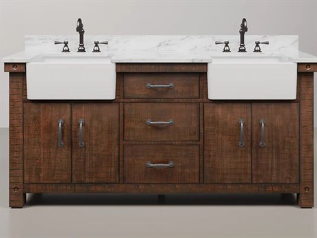 Water Creation Paisley Double Sink Carrara White Marble Countertop Bath Vanity in Rustic Sienna with Oil Rubbed Bronze Hook Faucets and Barn Door Style Mirrors (S)