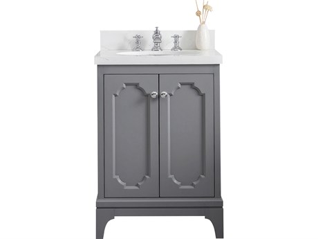 Water Creation Queen Single Sink Sink Carrara Quartz Countertop Bath Vanity in Cashmere Grey with Chrome Hardware and Waterfall Faucet