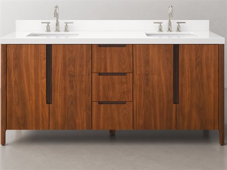 Water Creation Sequoia  Double Sink Whitebrook Quartz Countertop Bath Vanity in Noir Juglans With Chrome Faucet