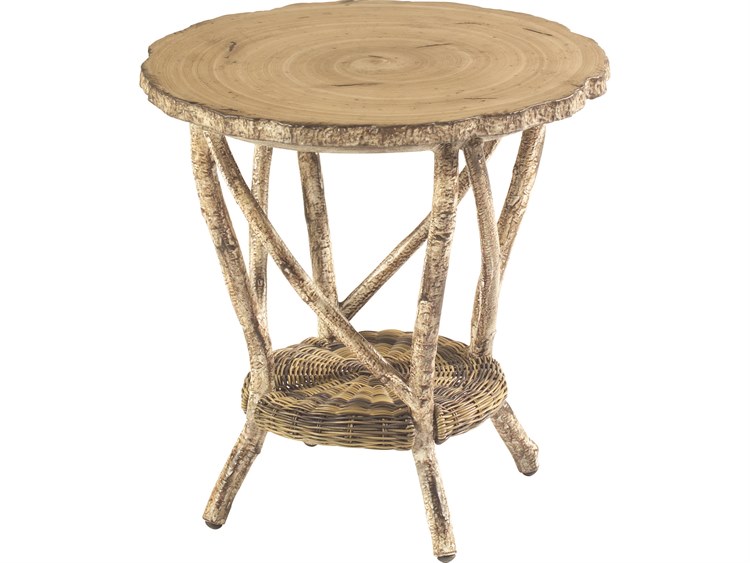 Woodard Whitecraft River Run Wicker Antique Palm Round Faux Birch Top Outdoor End Table