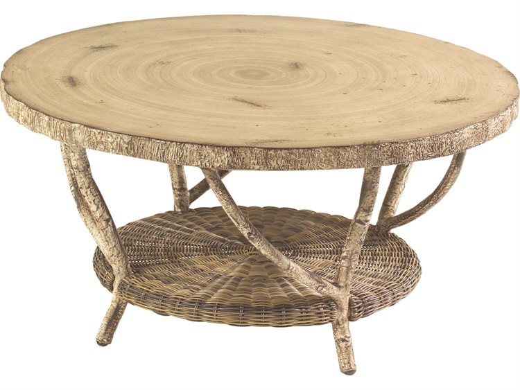 Woodard Whitecraft River Run Wicker Antique Palm 36'' Round Faux Birch Top Coffee Table