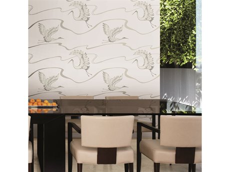 York Wallcoverings Black & White Resource Library White Silver Soaring Cranes Wallpaper