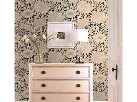 York Wallcoverings Black & White Resource Library Black Gold Wood Block Blooms Wallpaper